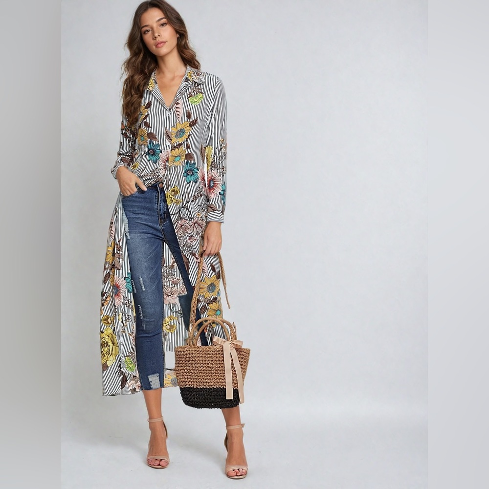 Boho Striped Floral Longline Shirt